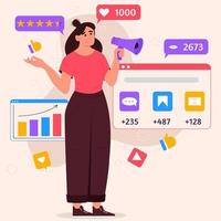 concepto de marketing en redes sociales con mujer con megáfono e íconos de smm. mujer joven gestionando procesos de estrategia de smm. ilustración vectorial plana. vector