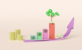 pile coins with tree,arrow,bar graph isolated on pink pastel background.financial success and growth or saving money concept,3d illustration or 3d render photo