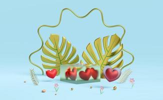 podio vacío con hoja de color dorado monstera, corazón rojo en composición azul para exhibición de escenario moderno y maqueta minimalista, fondo de escaparate abstracto, ilustración conceptual 3d o renderizado 3d foto