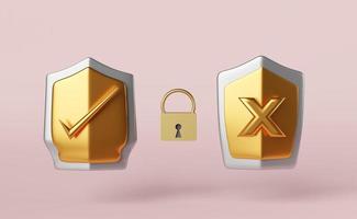 golden shield check and shield insecure with gold lock isolated on pink background.Internet security or privacy protection or ransomware protect concept,3d illustration or 3d render photo