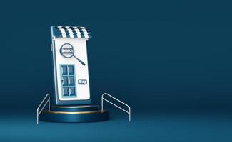 mobile phone or smartphone store front with cylinder podiumin,handrail isolated on blue background ,pedestal showcase for modern,online shopping or search data concept,3d illustration or 3d render photo