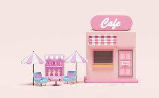 tienda cafetería con vitrinas de helados o nevera, mesa de café, paraguas aislado en fondo rosa, ilustración 3d o presentación 3d foto