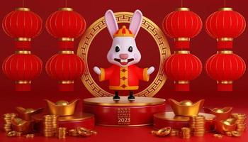 Ilustración 3d de lindos conejos para feliz año nuevo chino 2023 año del signo zodiacal del conejo foto