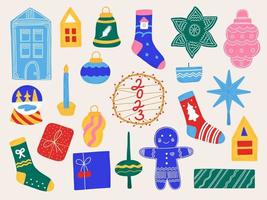 New Year set Christmas elements in hand drawn style. Isolated icons, stickers for the design of brochures, invitations. vector