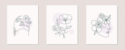 Women head flowers line art poster elegant linear drawing vector