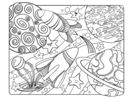 Space coloring page with rockets, planets and stars. Antistress for kids and adults. vector