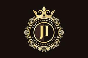 JI Initial Letter Gold calligraphic feminine floral hand drawn heraldic monogram antique vintage style luxury logo design Premium Vector