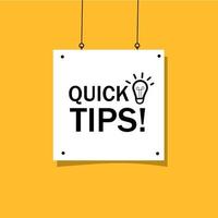 Quick tips banner - poster, icon with lightbulb. Flat design. Vector illustration isolated on white background.