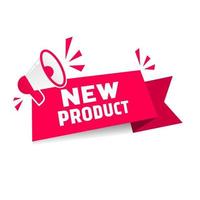 New product banner, ribbon megaphone icon flat design. Vector illustration on white background.