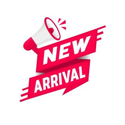 New arrival banner - label, icon with megaphone. Flat design. Vector illustration isolated on white background.