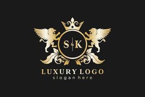 Initial SK Letter Lion Royal Luxury Logo template in vector art for Restaurant, Royalty, Boutique, Cafe, Hotel, Heraldic, Jewelry, Fashion and other vector illustration.