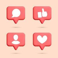 3d vector collection of red social media like, follow, member, thumb up bubble icon design. Cartoon render new like notification chat box, login, ui isolated on background. Comment, approved