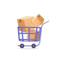 Carro de compras en línea de vector 3d con diseño de icono de paquete de cartón de papel