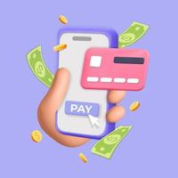 3d vector hand paying online with mobile app on smartphone with credit cards banner design