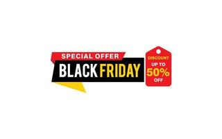 Oferta de viernes negro de 50 por ciento de descuento, liquidación, diseño de banner de promoción con estilo de etiqueta. vector