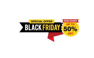 Oferta de viernes negro de 50 por ciento de descuento, liquidación, diseño de banner de promoción con estilo de etiqueta. vector