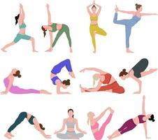 Set of slim athletic young woman doing yoga and fitness. Healthy lifestyle. Collection of female cartoon characters demonstrating various yoga positions isolated on white background - vector