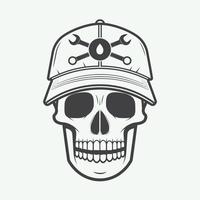 Vintage vector mechanic logo label with skull, wrench