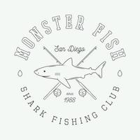 Vintage fishing label, logo, badge or emblem with shark. Vector illustration