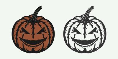 xilografía retro vintage halloween calabaza aterradora. se puede usar como emblema, logotipo, placa, etiqueta. marca, cartel o impresión. arte gráfico monocromático. vector. vector