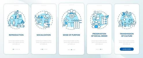 Social institutions functions blue onboarding mobile app screen. Walkthrough 5 steps graphic instructions pages with linear concepts. UI, UX, GUI template. vector