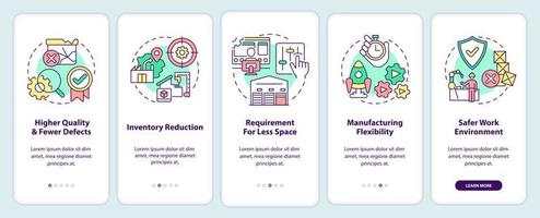 One piece flow advantages in manufacturing onboarding mobile app screen. Walkthrough 5 steps graphic instructions pages with linear concepts. UI, UX, GUI template. vector