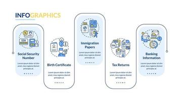 plantilla de infografía de rectángulo azul de aplicación de programa social. documentos. visualización de datos con gráfico de información de línea de tiempo de proceso de 5 pasos. diseño de flujo de trabajo con iconos de línea. vector