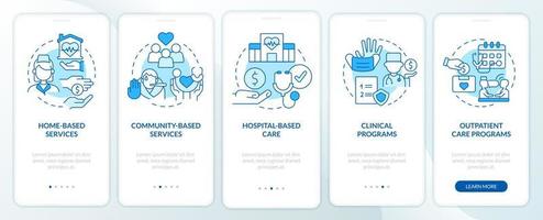 Medical care services blue onboarding mobile app screen. Social support walkthrough 5 steps graphic instructions pages with linear concepts. UI, UX, GUI template. vector