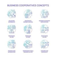 conjunto de iconos de concepto de degradado azul de cooperativas empresariales. ideas de trabajo cooperativo ilustraciones en color de línea delgada. membresía voluntaria. símbolos aislados. vector
