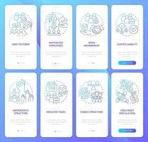 Business co-ops benefits blue gradient onboarding mobile app screen set. Walkthrough 4 steps graphic instructions pages with linear concepts. UI, UX, GUI template. vector