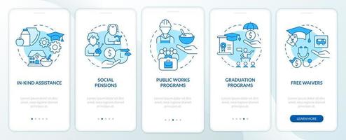 Social assistance examples blue onboarding mobile app screen. Walkthrough 5 steps graphic instructions pages with linear concepts. UI, UX, GUI template. vector