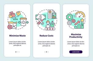 Purposes of lean manufacturing onboarding mobile app screen. Walkthrough 3 steps graphic instructions pages with linear concepts. UI, UX, GUI template. vector