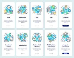 Lean manufacturing onboarding mobile app screen set. Effective production walkthrough 5 steps graphic instructions pages with linear concepts. UI, UX, GUI template. vector
