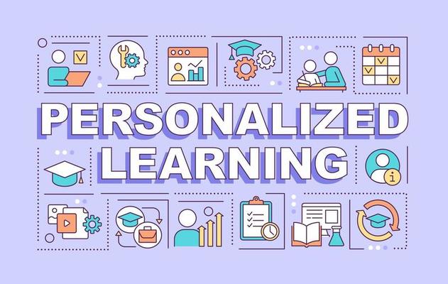 Personalized learning word concepts purple banner. Individual education program. Infographics with icons on color background. Isolated typography. Vector illustration with text.
