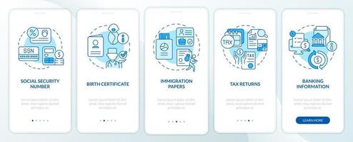 Social program application blue onboarding mobile app screen. Documents walkthrough 5 steps graphic instructions pages with linear concepts. UI, UX, GUI template. vector
