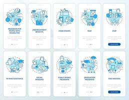 Conjunto de pantalla de aplicación móvil de incorporación azul de asistencia social. tutorial de programas 5 pasos páginas de instrucciones gráficas con conceptos lineales. interfaz de usuario, ux, plantilla de interfaz gráfica de usuario. vector