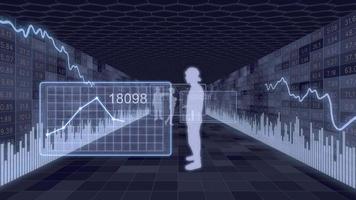 A tunnel of dynamic stock market boards and silhouettes of people with various financial charts. 3d rendering. video