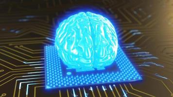 o cérebro dourado no processador do computador pisca em azul. renderização 3D. video