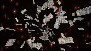 Scattered dollar bills against the background of blinking stars. 3d render. video