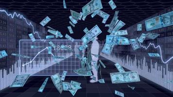 Scattering dollar banknotes in a tunnel of dynamic stock market boards and silhouettes of people with various financial charts. 3d rendering. video