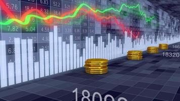 Stacks of gold coins and moving charts and columns on the background of a dynamic stock market board. 3d render video