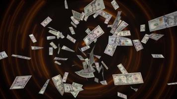 Scattered dollar bills against the backdrop of a flashing tunnel. 3d render. video