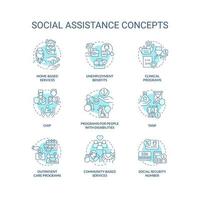 Social assistance turquoise concept icons set. Help for needy people. Support programs idea thin line color illustrations. Isolated symbols. Editable stroke. vector