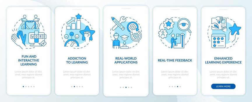 Benefits of gamification blue onboarding mobile app screen. Education walkthrough 5 steps graphic instructions pages with linear concepts. UI, UX, GUI template. vector