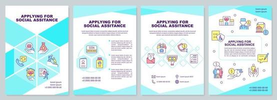 Applying for social assistance brochure template. Program and service. Leaflet design with linear icons. 4 vector layouts for presentation, annual reports.