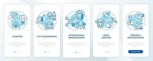 Institutions examples blue onboarding mobile app screen. Organizations walkthrough 5 steps graphic instructions pages with linear concepts. UI, UX, GUI template. vector