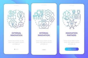Sourcing ideas approaches blue gradient onboarding mobile app screen. Walkthrough 3 steps graphic instructions pages with linear concepts. UI, UX, GUI template. vector