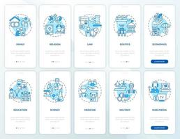 Social institutions blue onboarding mobile app screen set. Walkthrough 5 steps graphic instructions pages with linear concepts. UI, UX, GUI template. vector