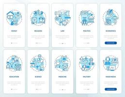 conjunto de pantalla de aplicación móvil de incorporación azul de instituciones sociales. tutorial 5 pasos páginas de instrucciones gráficas con conceptos lineales. interfaz de usuario, ux, plantilla de interfaz gráfica de usuario. vector