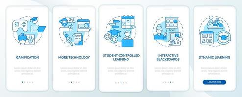 Technology in education trends blue onboarding mobile app screen. Digital walkthrough 5 steps graphic instructions pages with linear concepts. UI, UX, GUI template. vector